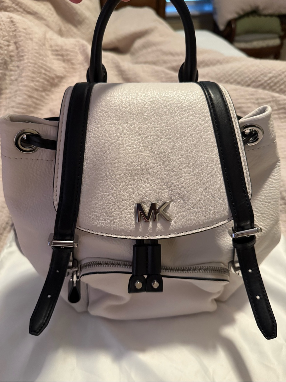 Michael Kors White Leather Mini Backpack with Black Trim